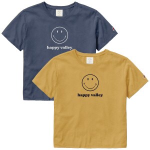 women's navy and yellow crop short sleeve t-shirts with smiley face above happy valley